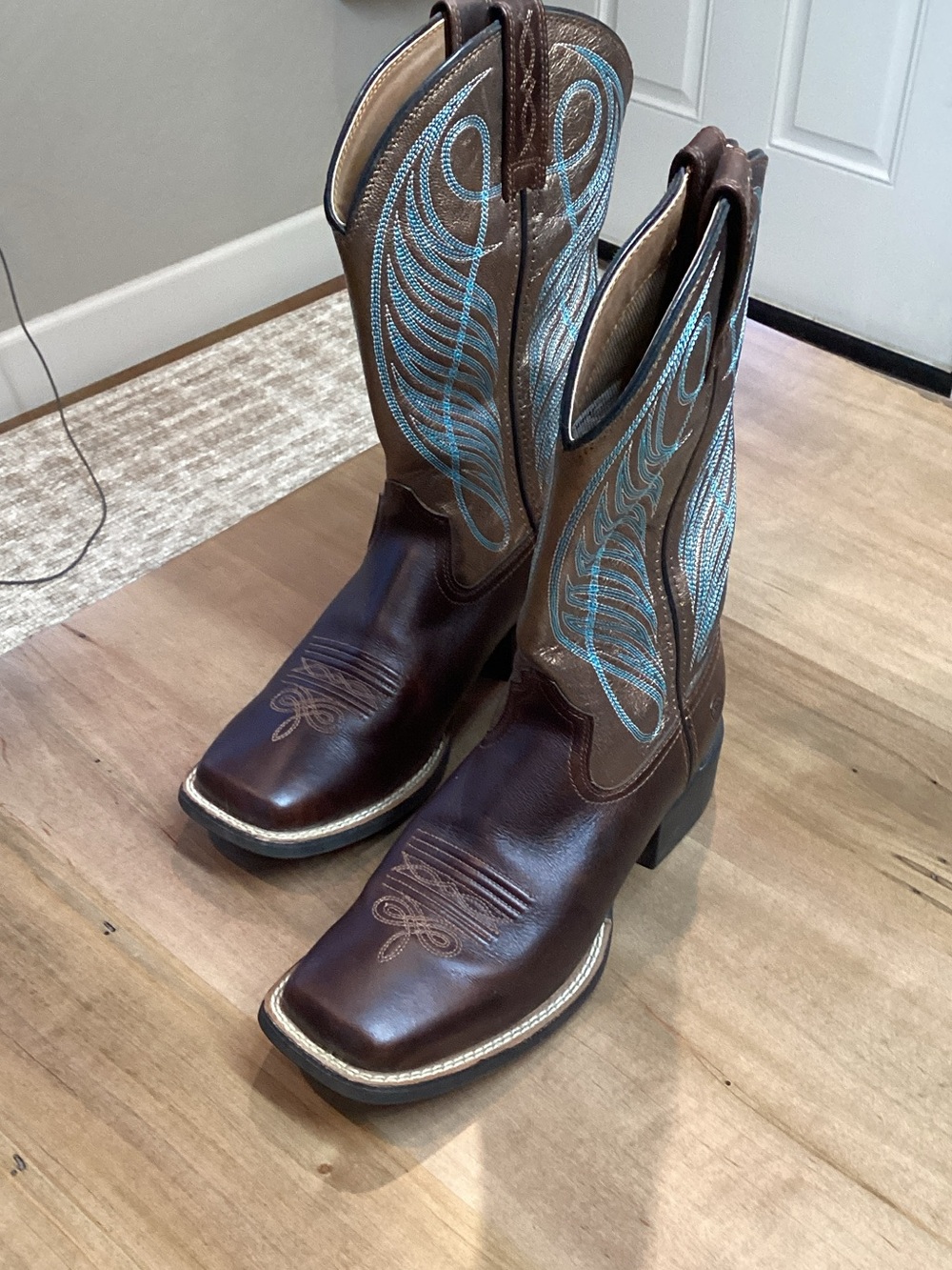 Ariat Brown Leather Western Boots with Turquoise Accent Stitching